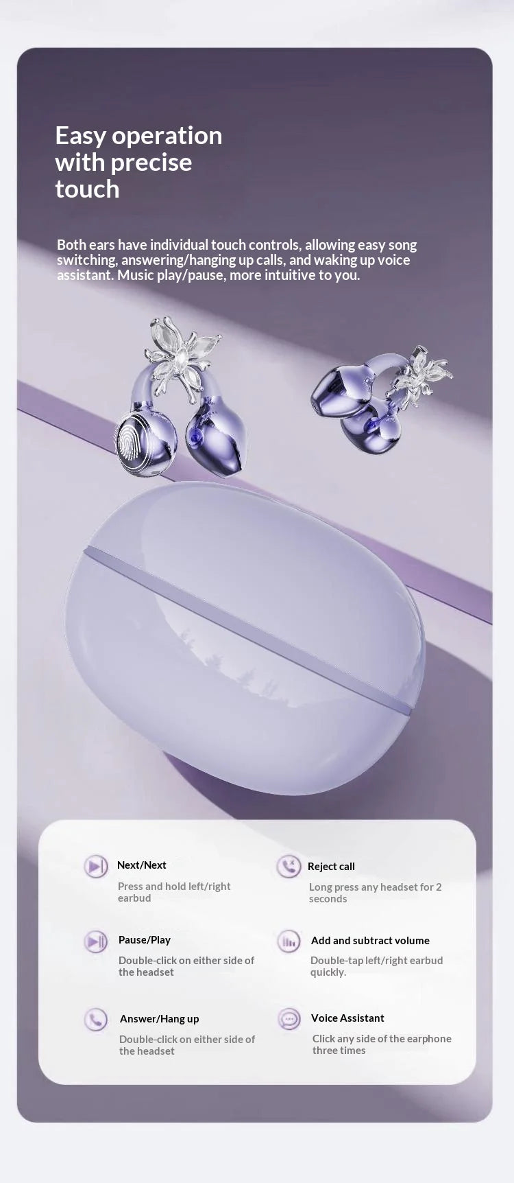 JS680 TWS Earbuds Clip Wireless Headset with Voice Control Long Battery Life-Running Sports Comfortable Earphone