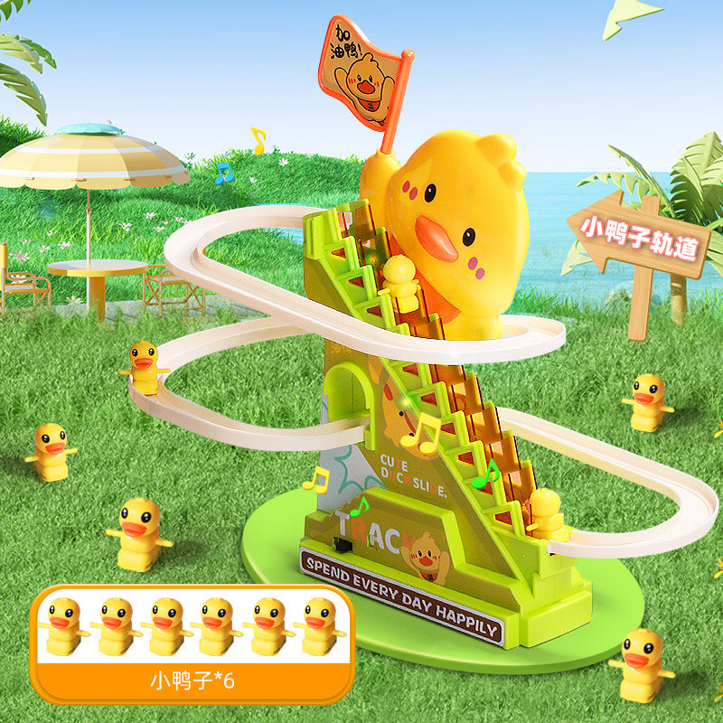 Children's Electric Little Duck Climbing Stairs Educational Toys Little Yellow Duck Sliding Track Baby Head-up Training 1-3 Years Old