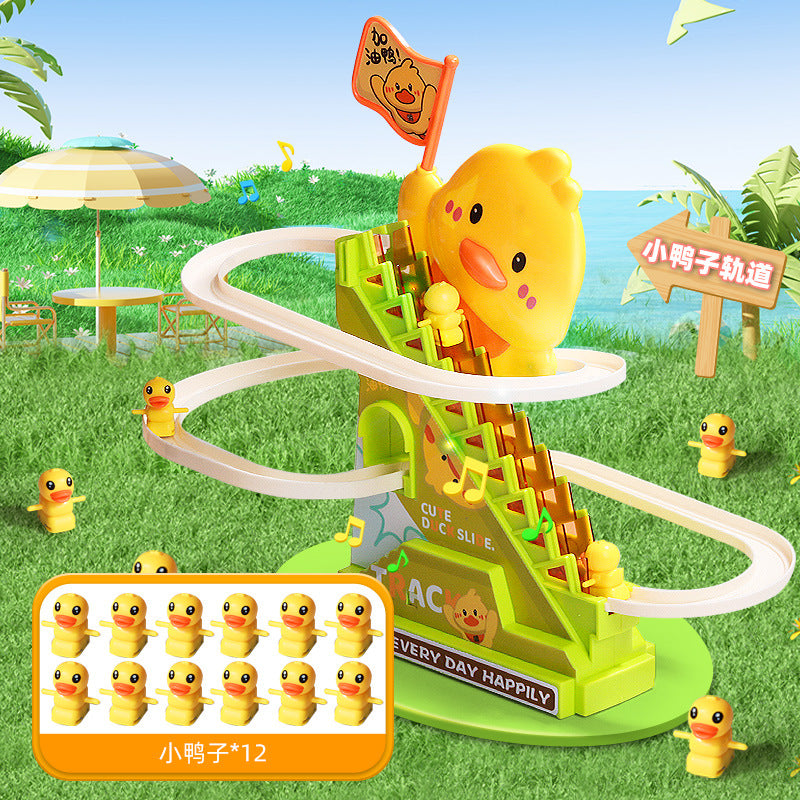 Children's Electric Little Duck Climbing Stairs Educational Toys Little Yellow Duck Sliding Track Baby Head-up Training 1-3 Years Old