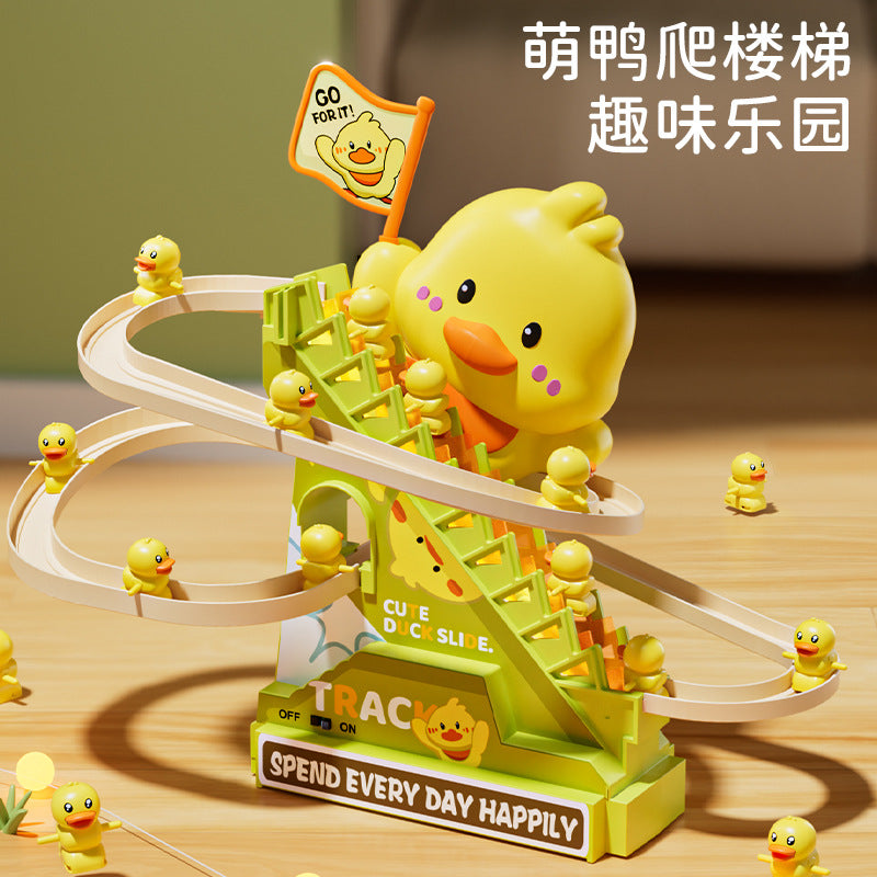 Children's Electric Little Duck Climbing Stairs Educational Toys Little Yellow Duck Sliding Track Baby Head-up Training 1-3 Years Old