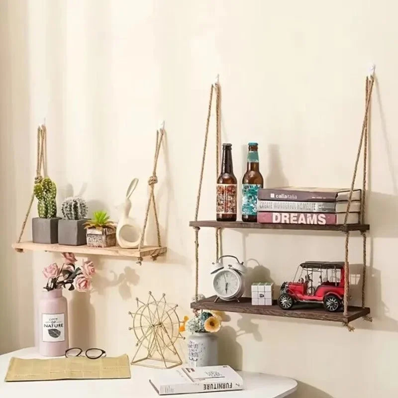 1PC 1/2/3-tier Wooden Floating Shelves for Wall Plant Flower  Hanging Rope Storager Wall Shelf Kitchen Storage