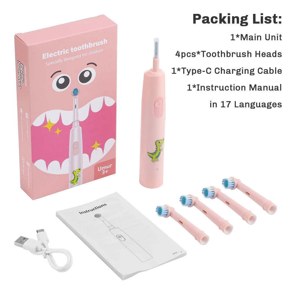 Rechargeable Smart Toothbrush for Children Cleaning Whitening & Massage 3 Modes IP67 Electric Cartoon Toothbrush 2-Min Timer