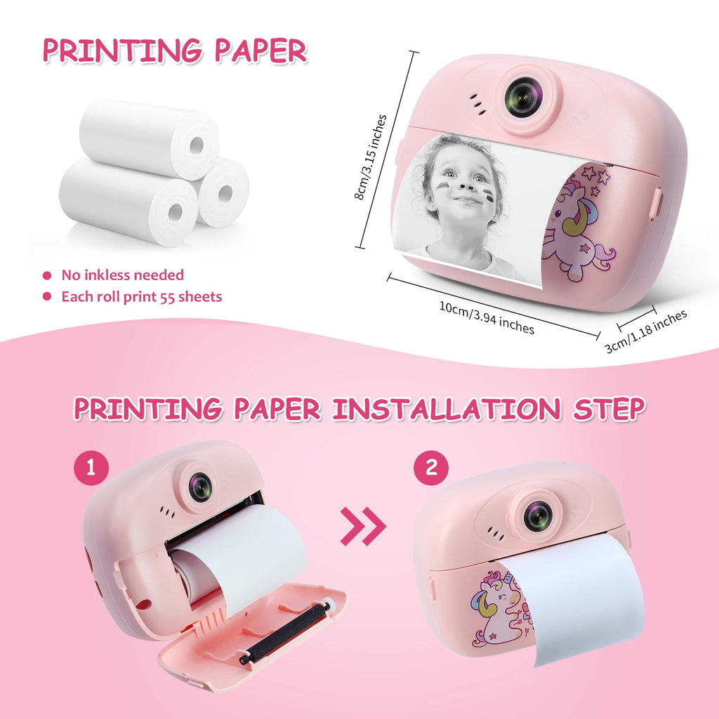 Children Instant Print Camera Thermal Printer Video Recorder Portable Smart Digital Dual Lens Selfie Camera Kids Birthday Gift
