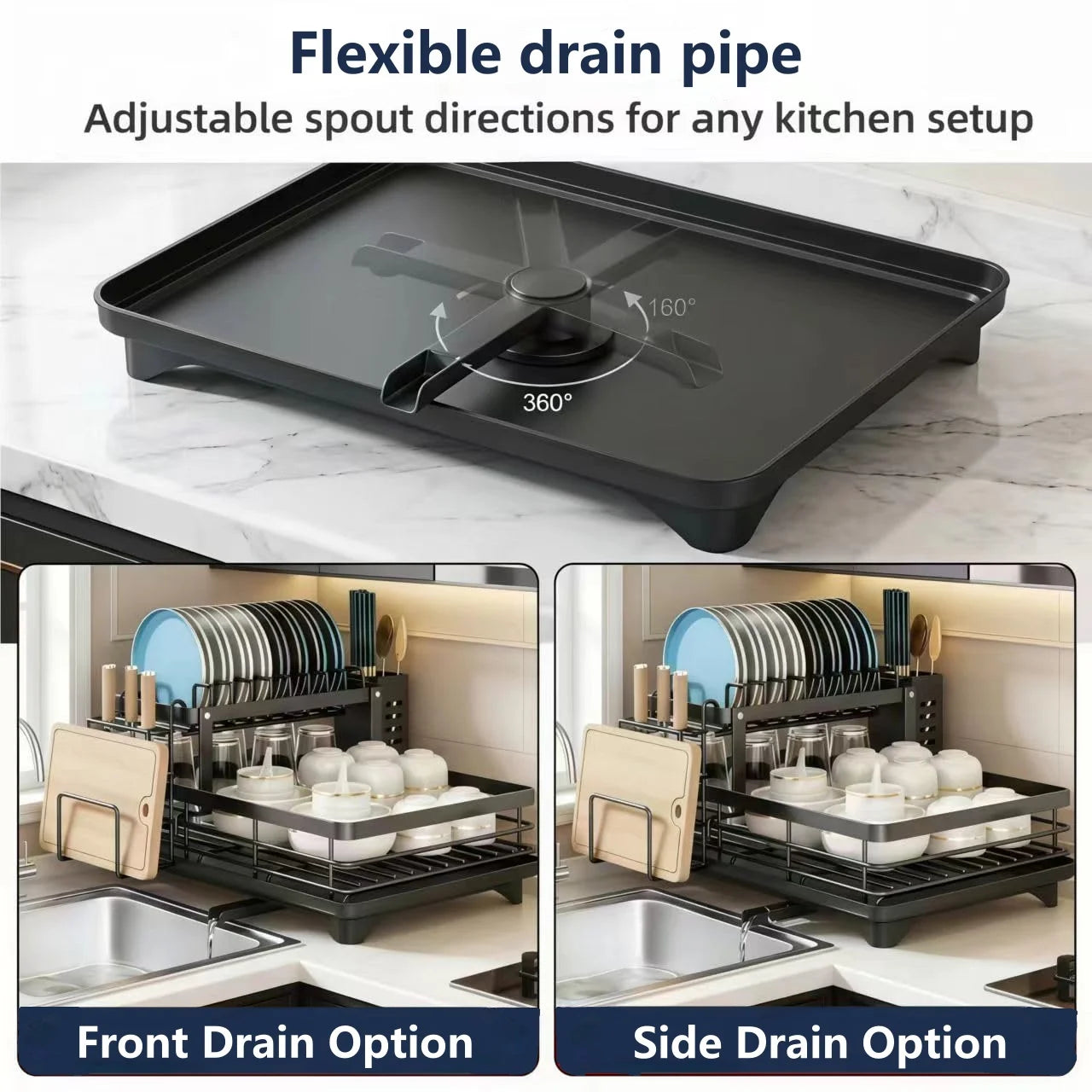 2-Tier Adjustable Kitchen Dish Drying Rack  360° Rotatable Drainage Tray Multi-Directional Spout Rust-Resistant Organizer