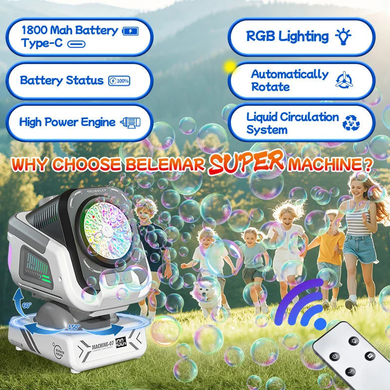 2025 Upgraded Version of the Bubble Machine with Remote Control, Automatic Rotation, and Rgb Lights, 1800Mah Rechargeable Battery, Type-C Charging, Suitable for Children, Weddings, Birthday Parties, and Outdoor Activities, Bu