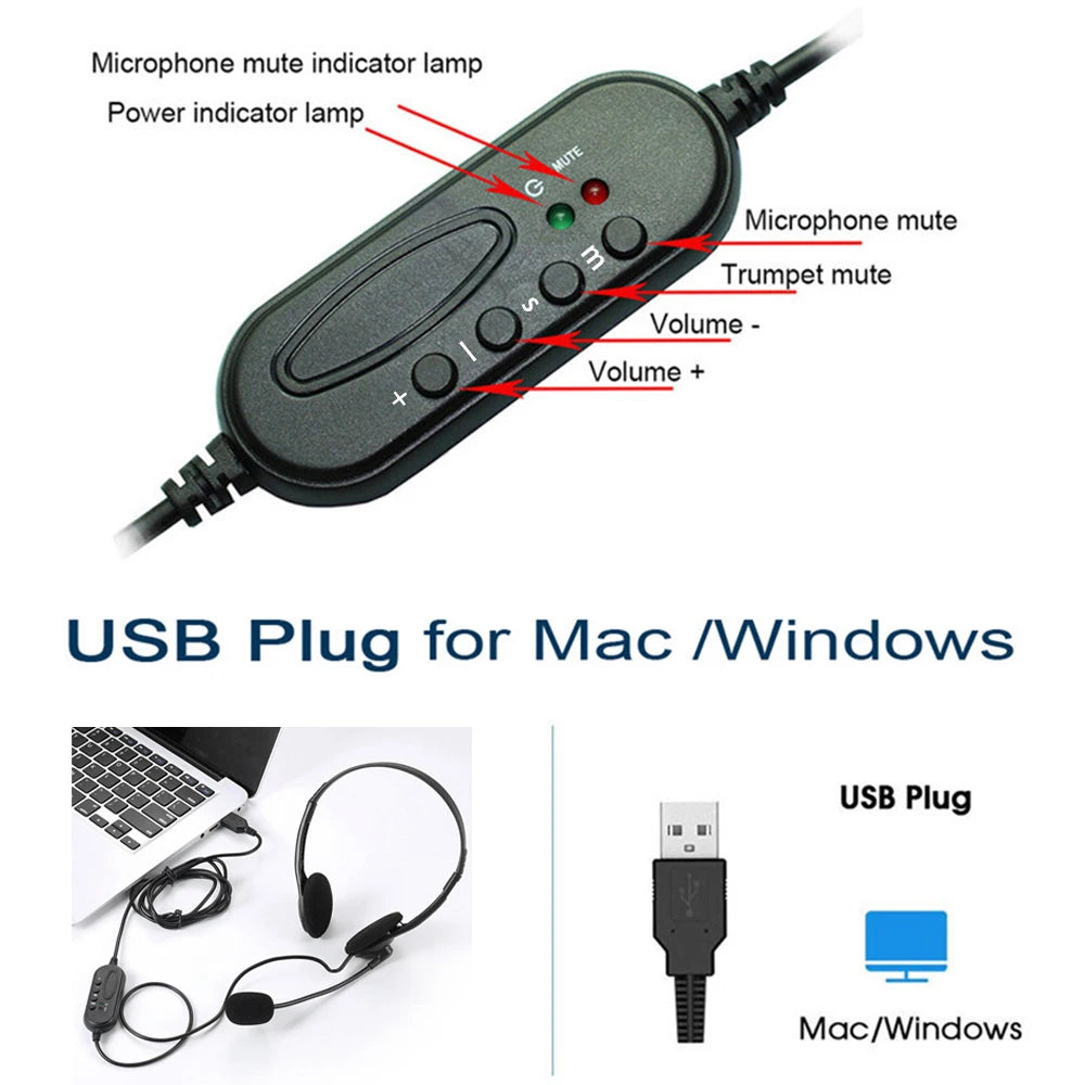USB noise cancelling headset with microphone for computer calls Chat call centre headset Service headset