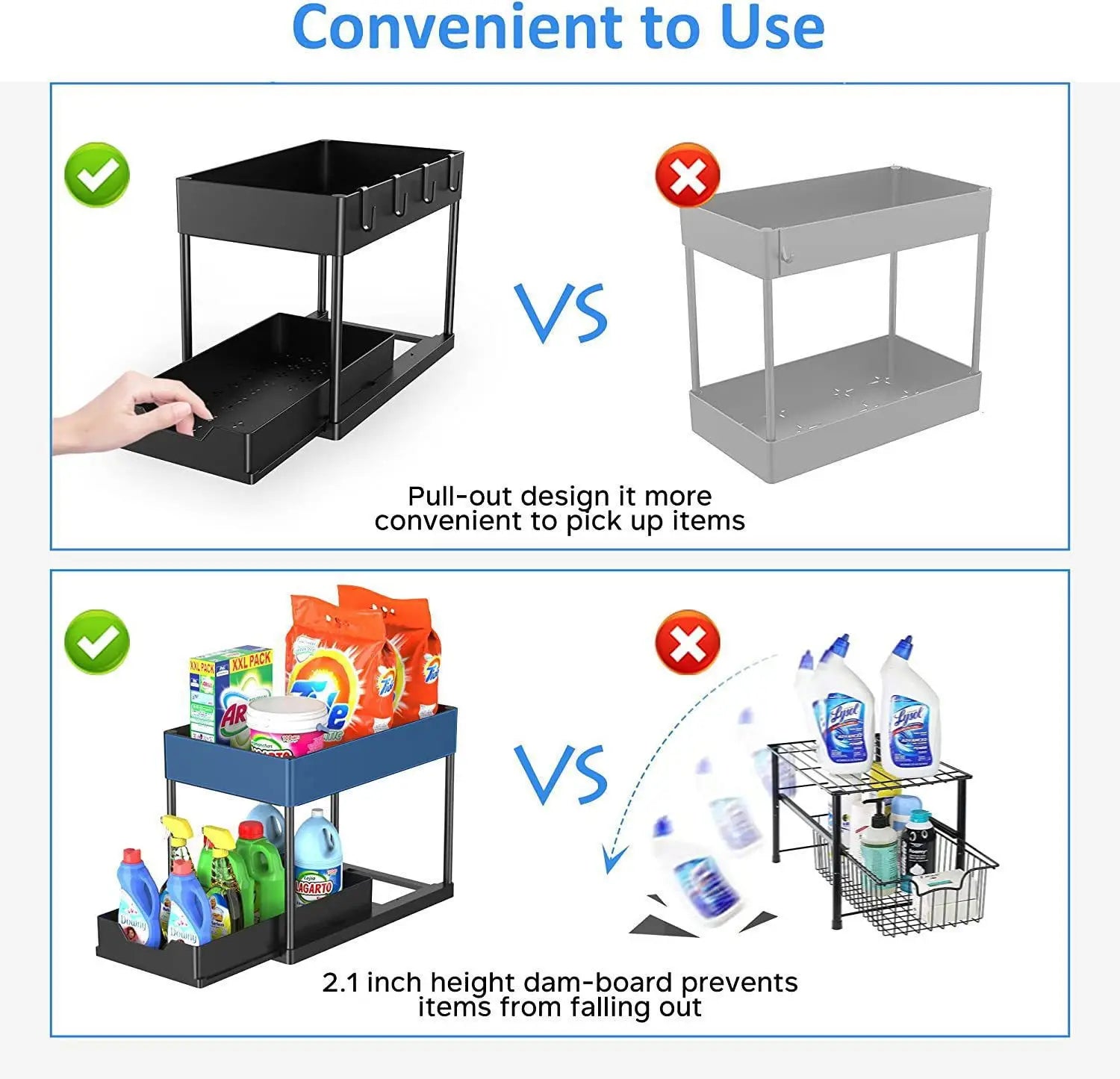 2Tier Multi-function Kitchen Sink Organizer,Sliding Cabinet Basket with Hooks Hanging Cup-New Bathroom Kitchen Space-Saving Rack