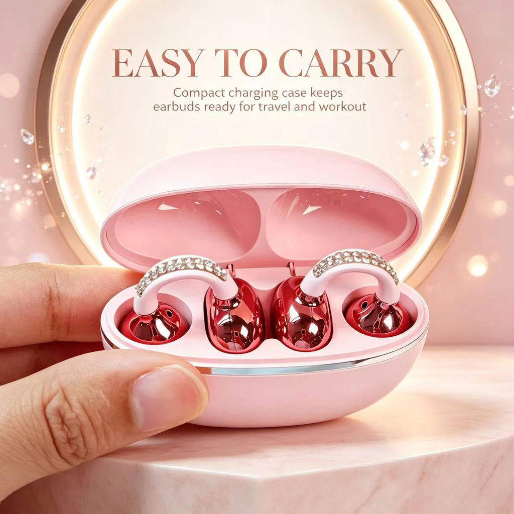 Rhinestone Open Ear Clip Wireless Earbuds Bluetooth 5.4 OWS Headphones HiFi Stereo Sports Earphones With HD Mic