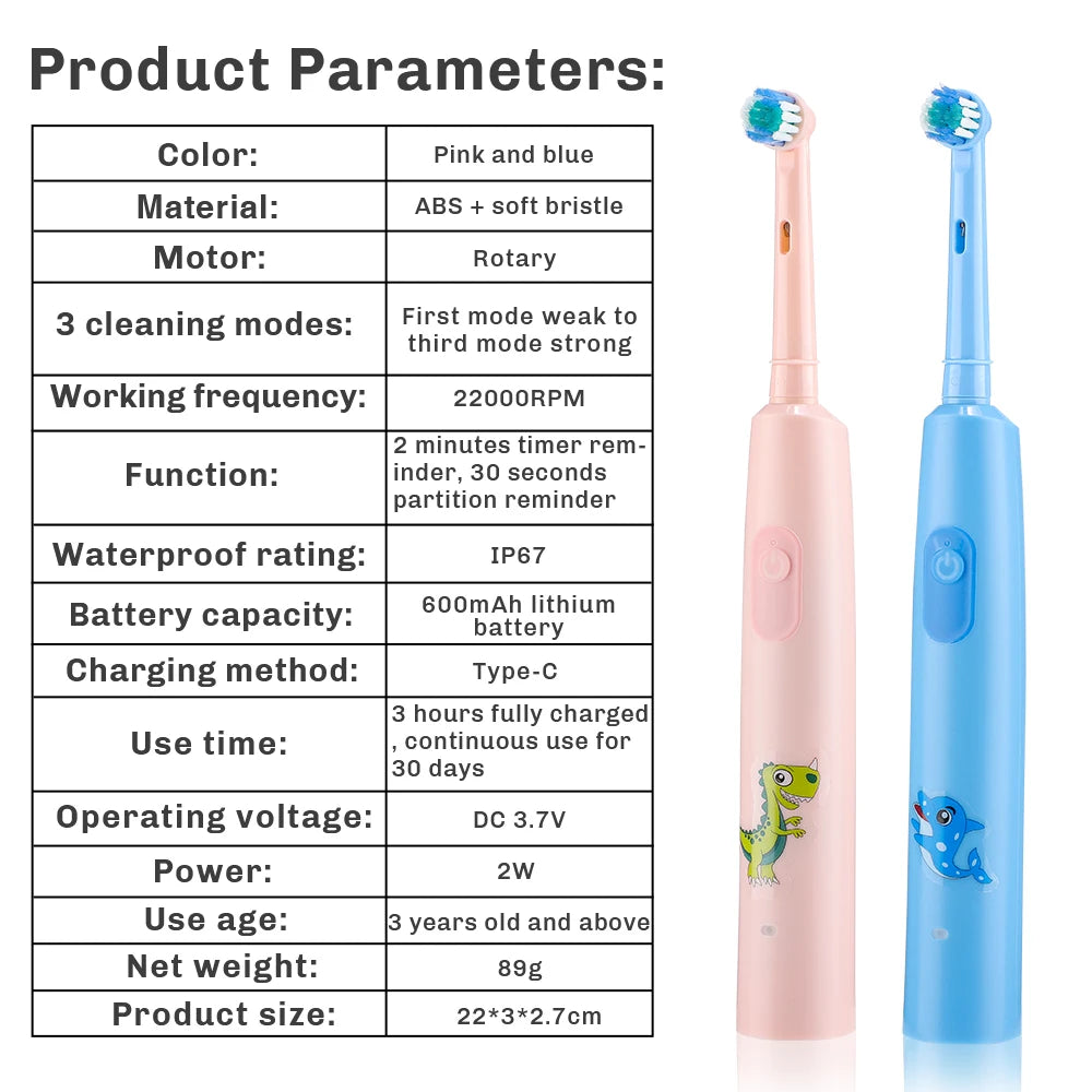 Rechargeable Smart Toothbrush for Children Cleaning Whitening & Massage 3 Modes IP67 Electric Cartoon Toothbrush 2-Min Timer