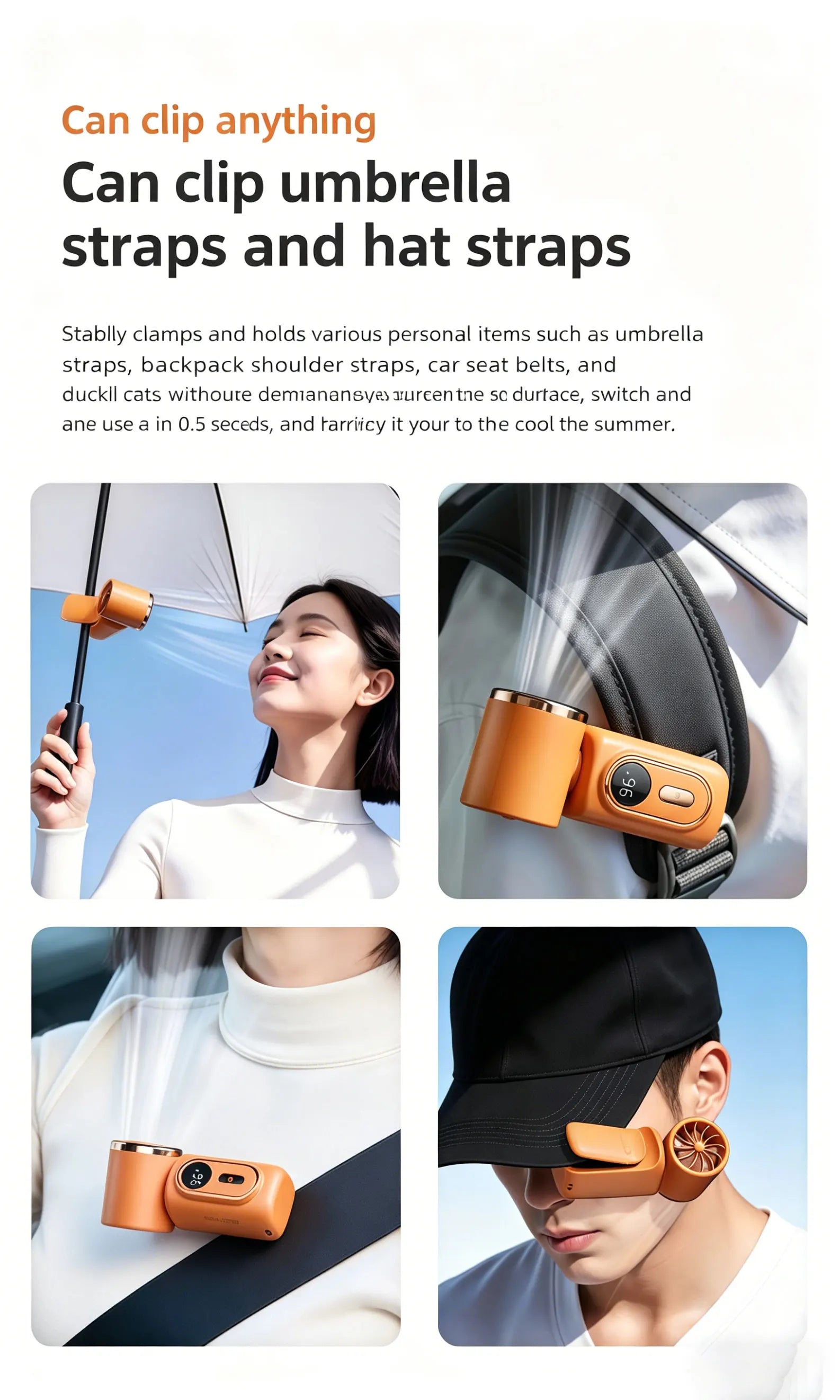 Portable Handheld Fan Mini Clip Fan Umbrella Holder Function Rotatable USB charging Compact Personal Cooling Fan Outdoor Camping