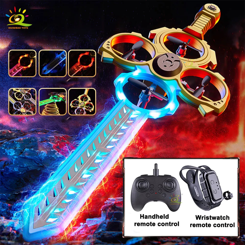 Remote-Controlled Flying Sword Drone with Cool Lights Controlled by Remote or Watch Fingertip-Operated Toy Perfect Gift for Guys