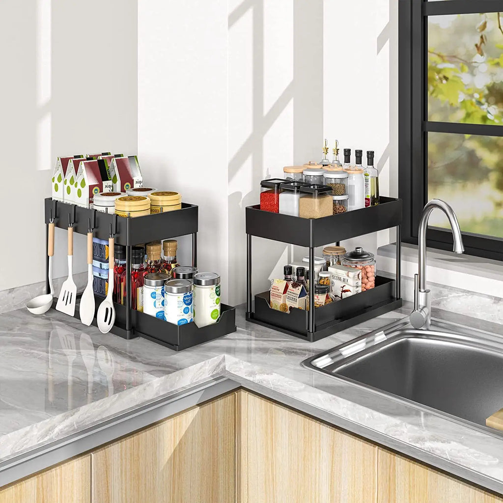 2Tier Multi-function Kitchen Sink Organizer,Sliding Cabinet Basket with Hooks Hanging Cup-New Bathroom Kitchen Space-Saving Rack