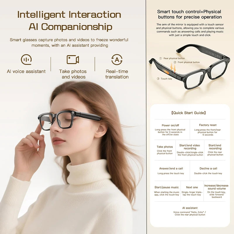 2026 Smart Glasses 800W HD Camera Video Recording Photo HD Audio AI Translation 300mAh Touch Control AI Assistant Smart Glasses