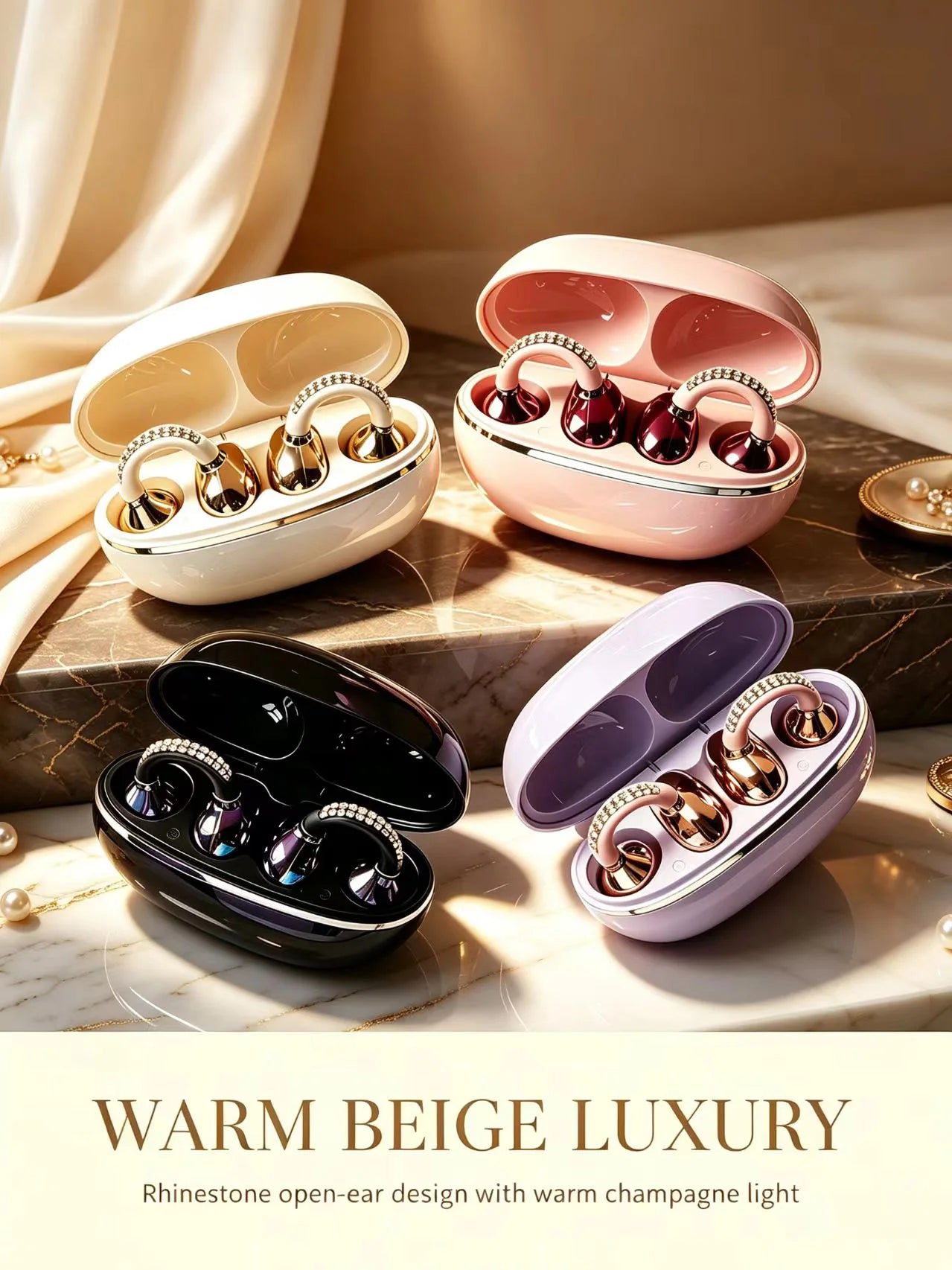 Rhinestone Open Ear Clip Wireless Earbuds Bluetooth 5.4 OWS Headphones HiFi Stereo Sports Earphones With HD Mic