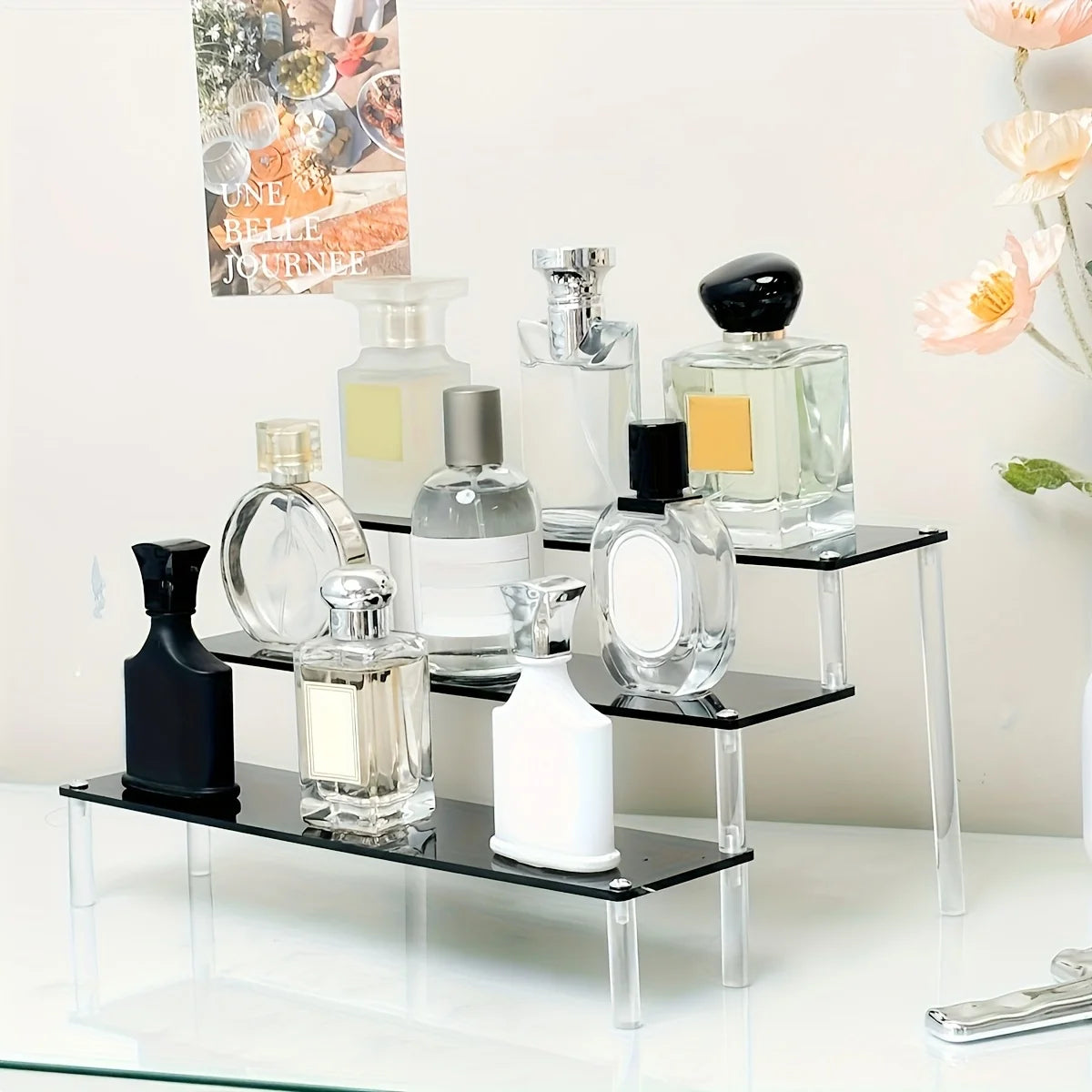 1pc Multi-Functional Perfume Step Display Rack - Black/Transparent Acrylic Desktop Organizer for Cosmetics & Bracelets, Ideal fo