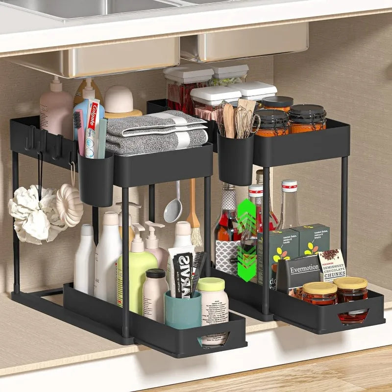 2Tier Multi-function Kitchen Sink Organizer,Sliding Cabinet Basket with Hooks Hanging Cup-New Bathroom Kitchen Space-Saving Rack