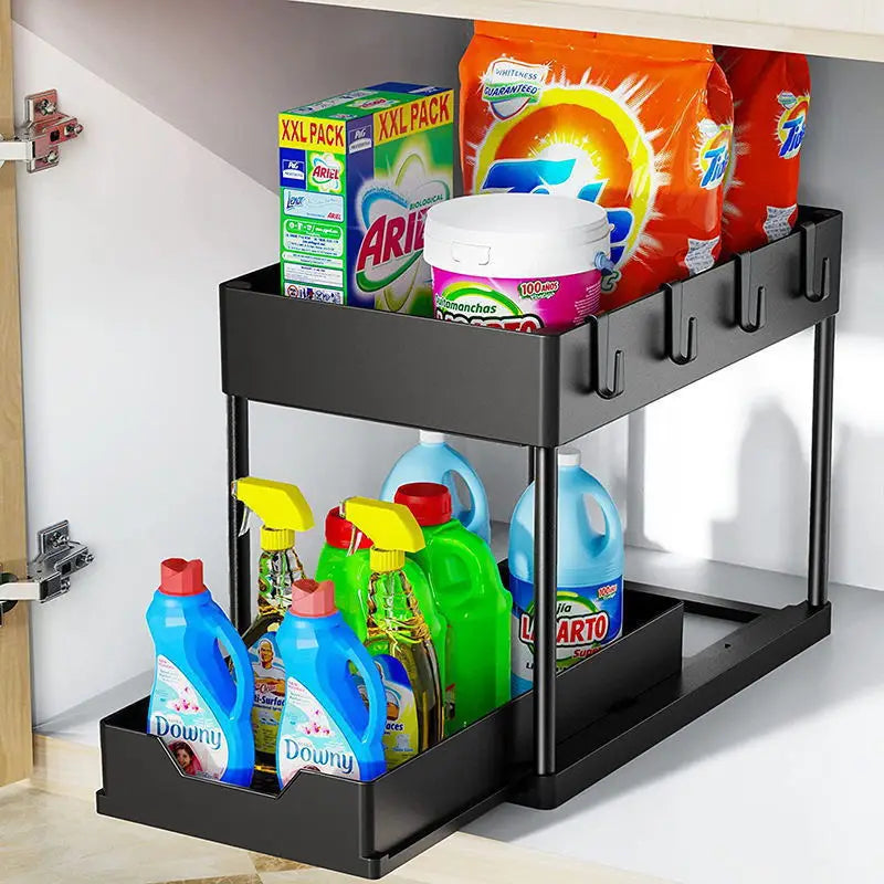 2Tier Multi-function Kitchen Sink Organizer,Sliding Cabinet Basket with Hooks Hanging Cup-New Bathroom Kitchen Space-Saving Rack