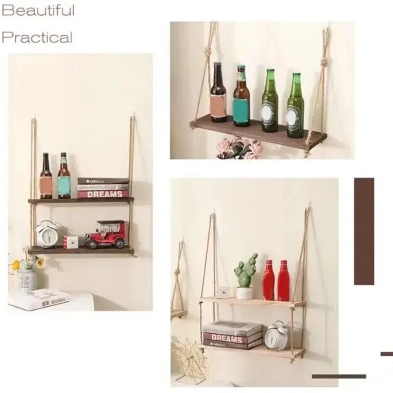 1PC 1/2/3-tier Wooden Floating Shelves for Wall Plant Flower  Hanging Rope Storager Wall Shelf Kitchen Storage