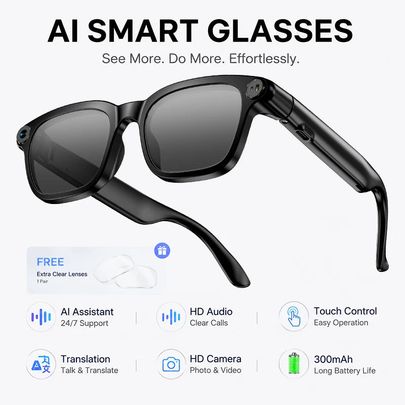 2026 Smart Glasses 800W HD Camera Video Recording Photo HD Audio AI Translation 300mAh Touch Control AI Assistant Smart Glasses