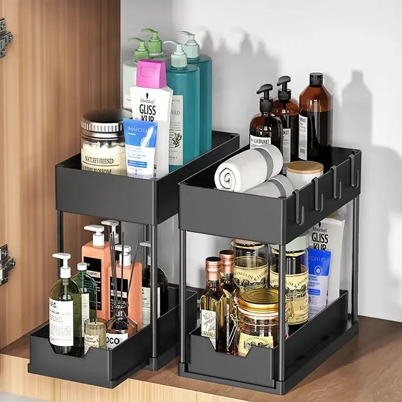 2Tier Multi-function Kitchen Sink Organizer,Sliding Cabinet Basket with Hooks Hanging Cup-New Bathroom Kitchen Space-Saving Rack