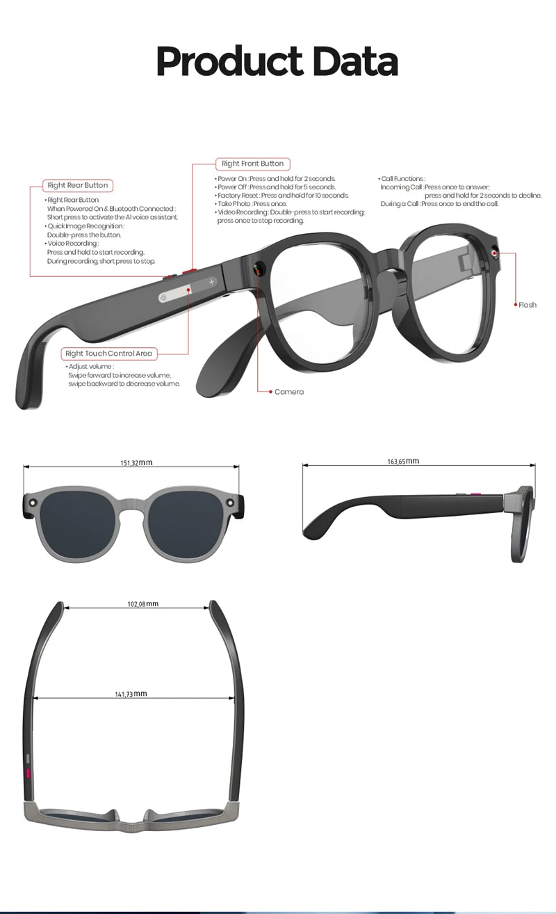2026 New AI Smart Glasses AI Translation 8MP HD Camera 4K Shooting Image Bluetooth Call Recording Music Smart Sunglasses