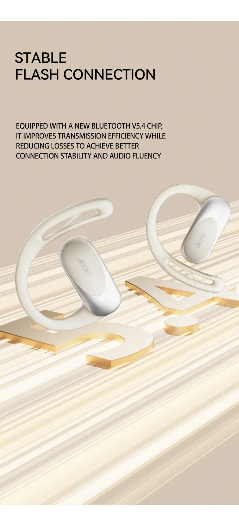 Acer OHR517 OWS Open-Ear Earphones Ear Hooks Wireless Bluetooth 5.4 Headphones Hi-Res Earphones Bass Boost Sport Earbuds 48Hrs