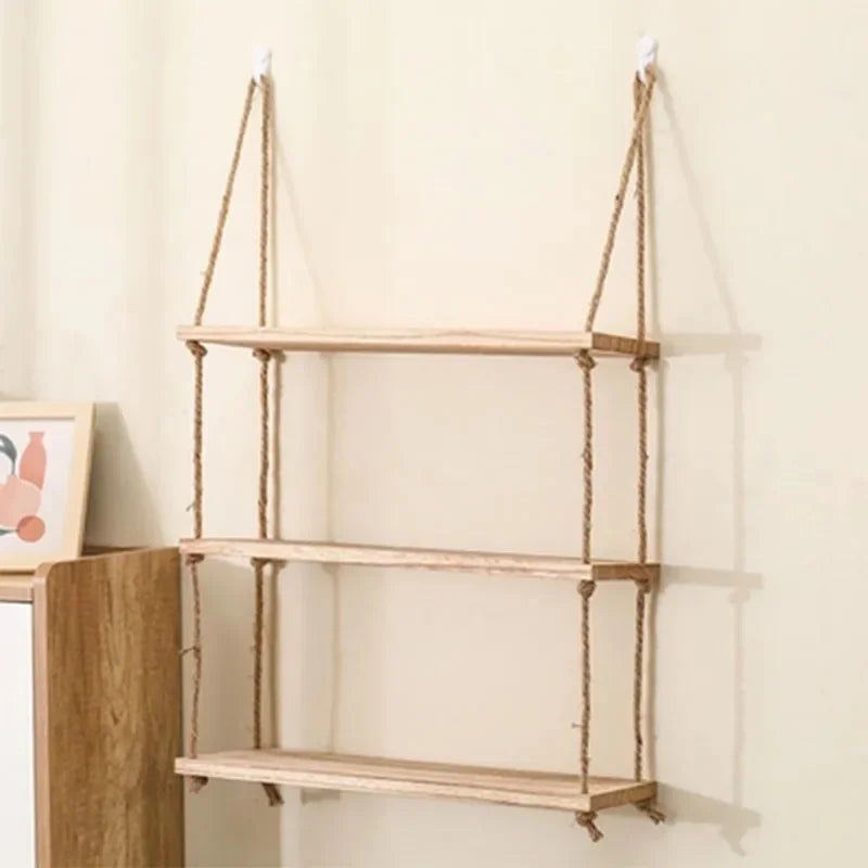 1PC 1/2/3-tier Wooden Floating Shelves for Wall Plant Flower  Hanging Rope Storager Wall Shelf Kitchen Storage