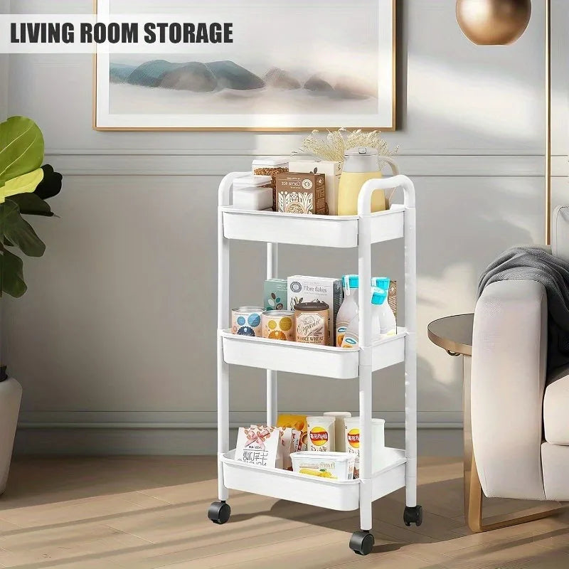 3-Tier Rolling Storage Cart with 360° Swivel Wheels, Durable Plastic Utility Trolley for Bathroom Bedroom Cosmetics Organizer