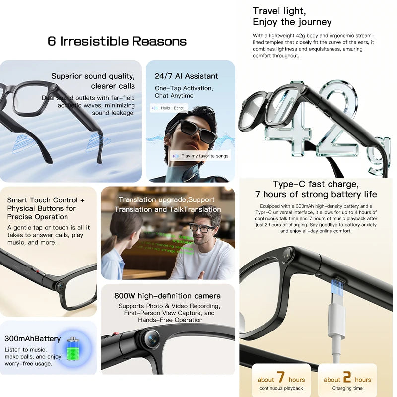 2026 Smart Glasses 800W HD Camera Video Recording Photo HD Audio AI Translation 300mAh Touch Control AI Assistant Smart Glasses
