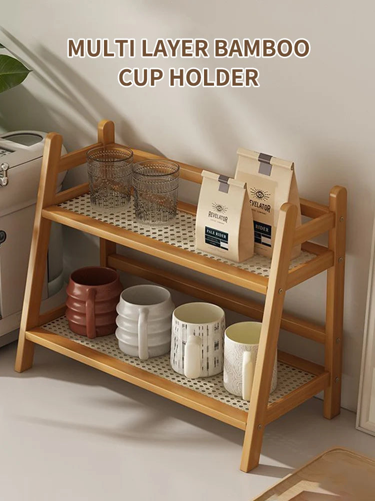 2 Layer Spice Caddy Shelf Bamboo Kitchen Storage Rack Desktop Cabinet Organizer Display Rack Coffee Bar Counter Shelf Cup Holder