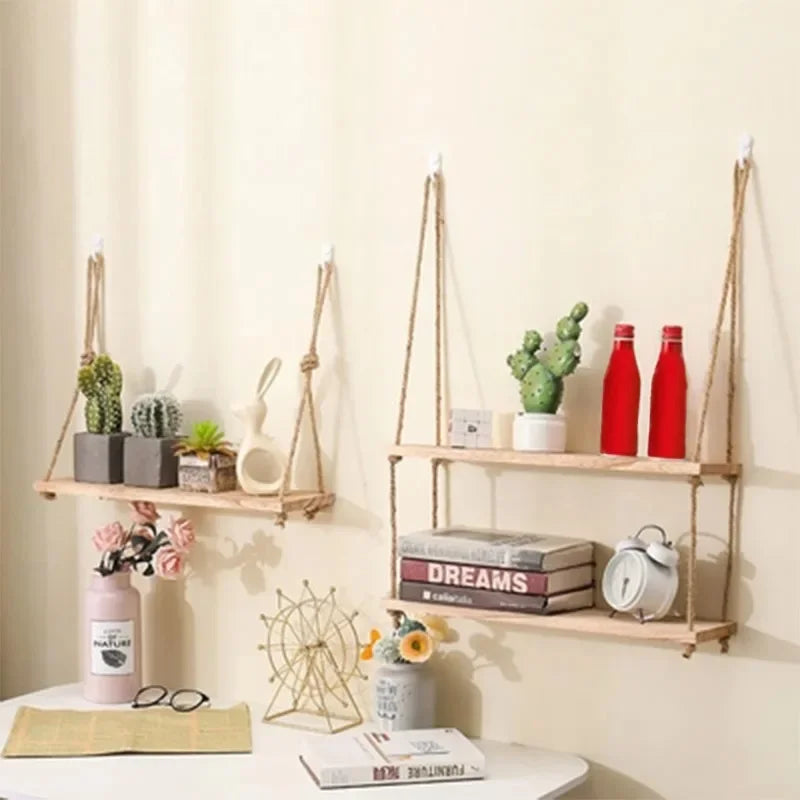 1PC 1/2/3-tier Wooden Floating Shelves for Wall Plant Flower  Hanging Rope Storager Wall Shelf Kitchen Storage