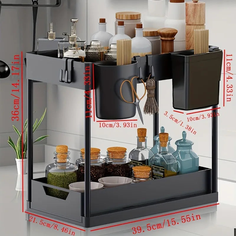 2Tier Multi-function Kitchen Sink Organizer,Sliding Cabinet Basket with Hooks Hanging Cup-New Bathroom Kitchen Space-Saving Rack