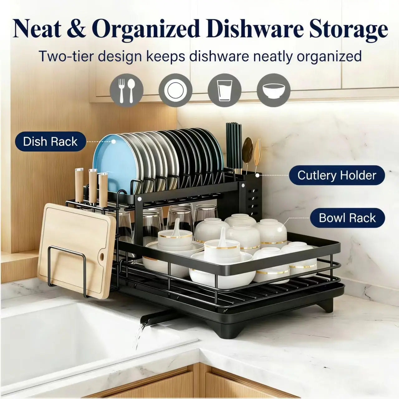 2-Tier Adjustable Kitchen Dish Drying Rack  360° Rotatable Drainage Tray Multi-Directional Spout Rust-Resistant Organizer