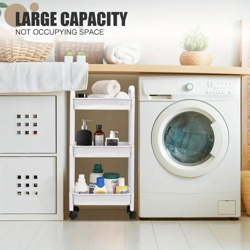 3-Tier Rolling Storage Cart with 360° Swivel Wheels, Durable Plastic Utility Trolley for Bathroom Bedroom Cosmetics Organizer
