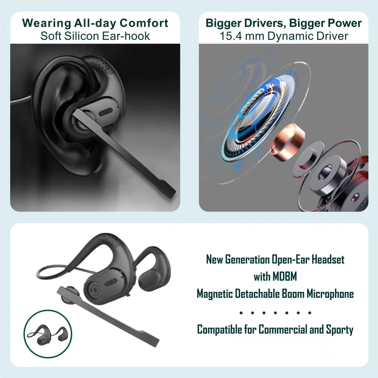 Open Ear Air Conduction Headphones  Super Bass Not in Ear Music Headset 16g Ultra Light with Microphone for IOS Andriod Phone