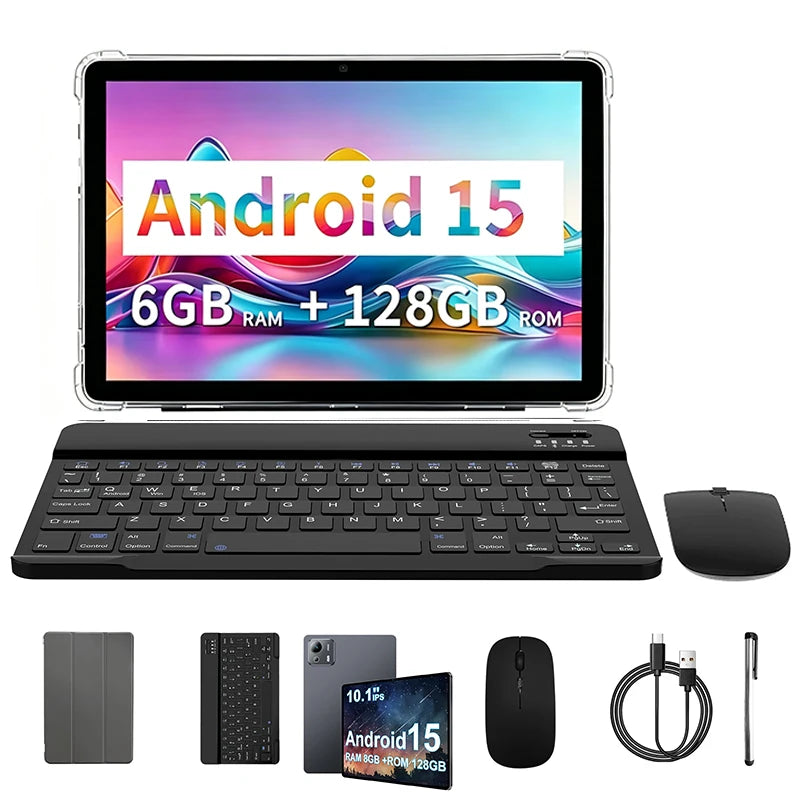 Tablet 10.1 Inch Android 15 Octa-Core 6GB RAM 128GB ROM 1280x800 IPS Tablets PC WiFi 5 Bluetooth Keyboard Set