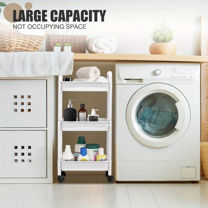 3-Tier Rolling Storage Cart with 360° Swivel Wheels, Durable Plastic Utility Trolley for Bathroom Bedroom Cosmetics Organizer