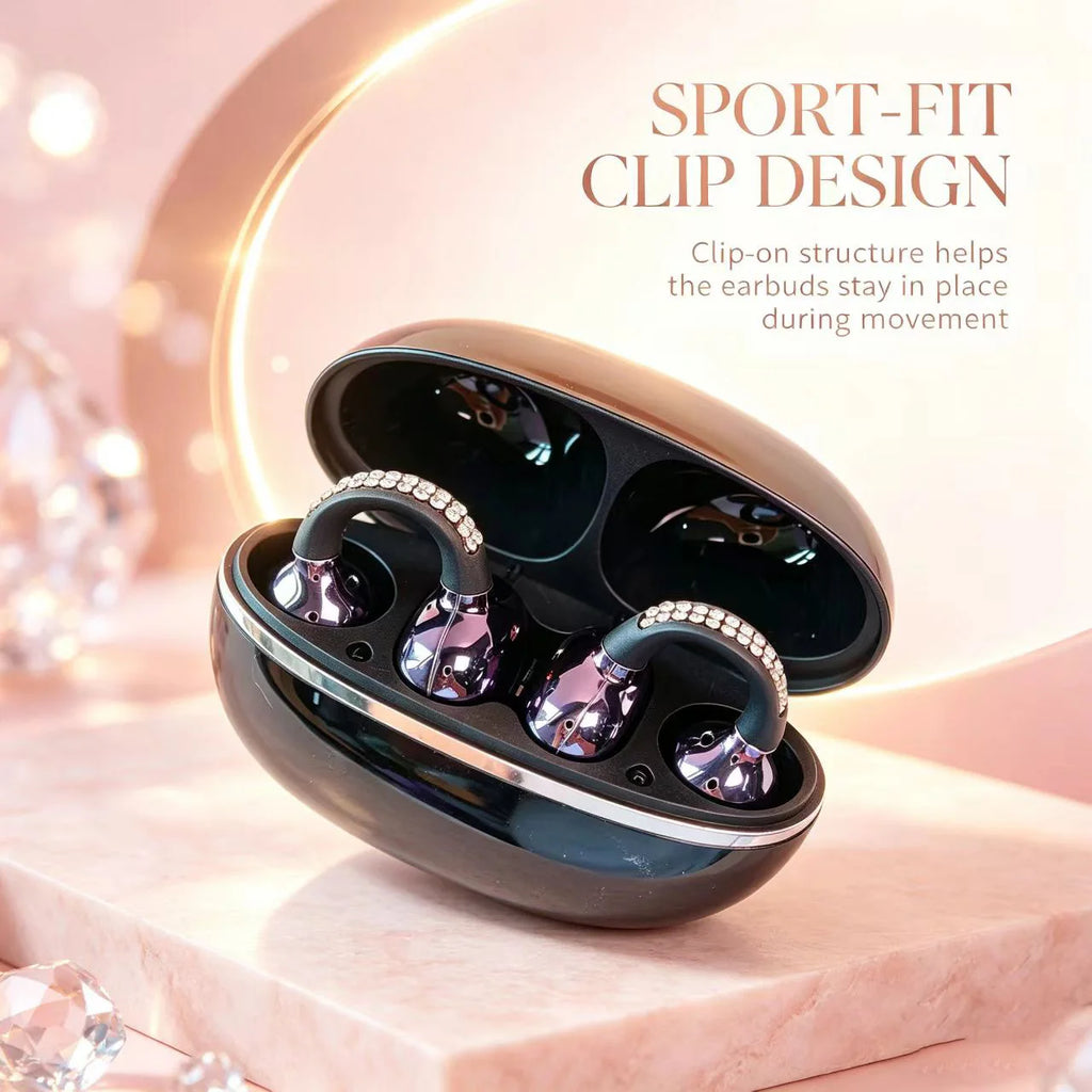 Rhinestone Open Ear Clip Wireless Earbuds Bluetooth 5.4 OWS Headphones HiFi Stereo Sports Earphones With HD Mic