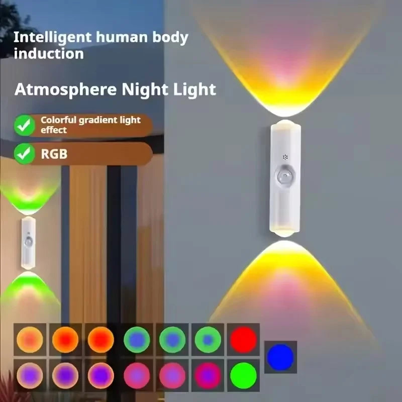 Rechargeable Magnetic LED Night Light RGB Sunset Lamp Wireless Wall Lamp With Motion Sensor For Stair Cabinet Hallway Room Decor