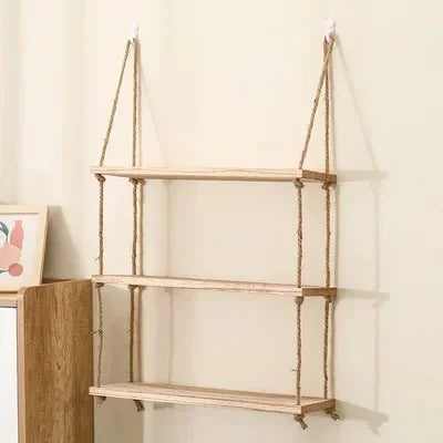 1PC 1/2/3-tier Wooden Floating Shelves for Wall Plant Flower  Hanging Rope Storager Wall Shelf Kitchen Storage