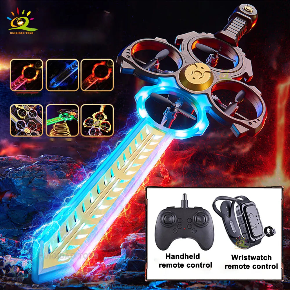 Remote-Controlled Flying Sword Drone with Cool Lights Controlled by Remote or Watch Fingertip-Operated Toy Perfect Gift for Guys
