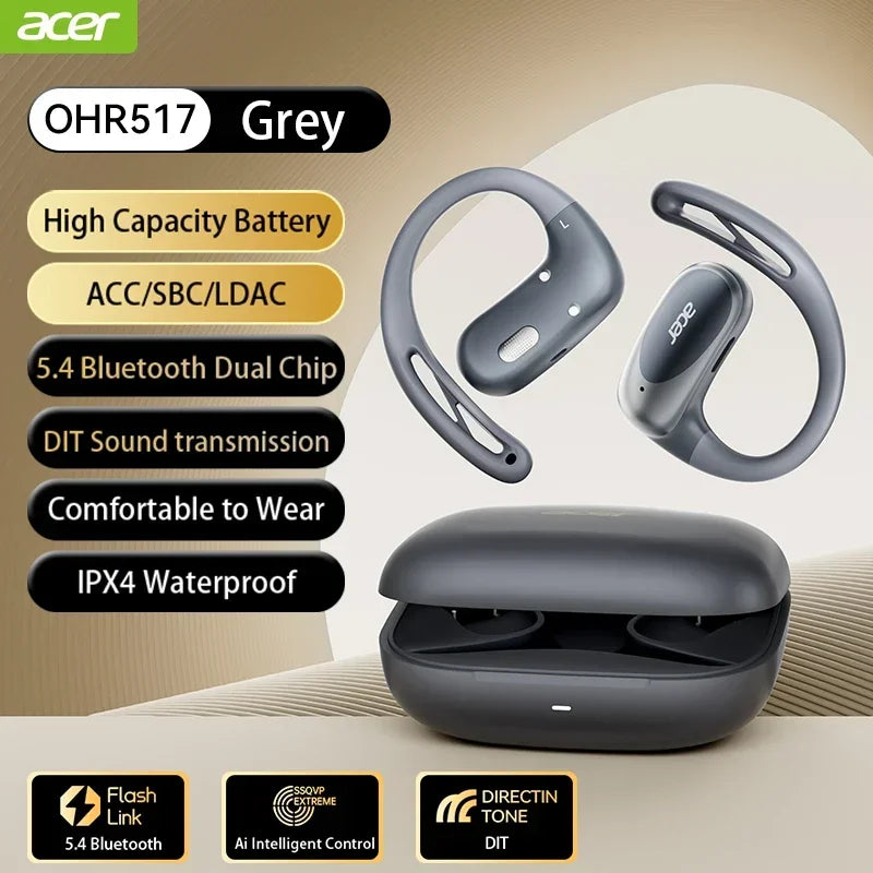 Acer OHR-517 Open-Ear Earphones Ear Hooks Wireless Bluetooth 5.4 Headphones Hi-Res OWS Earphones Bass Boost Sport Earbuds 48Hrs