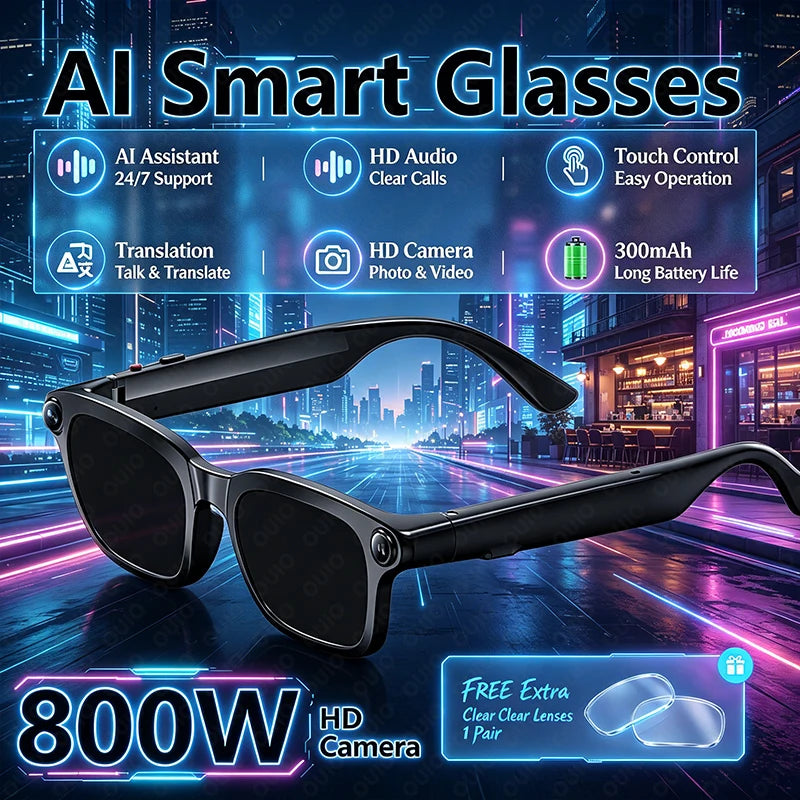 2026 Smart Glasses 800W HD Camera Video Recording Photo HD Audio AI Translation 300mAh Touch Control AI Assistant Smart Glasses