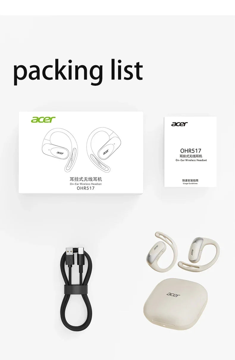 Acer OHR-517 Open-Ear Earphones Ear Hooks Wireless Bluetooth 5.4 Headphones Hi-Res OWS Earphones Bass Boost Sport Earbuds 48Hrs