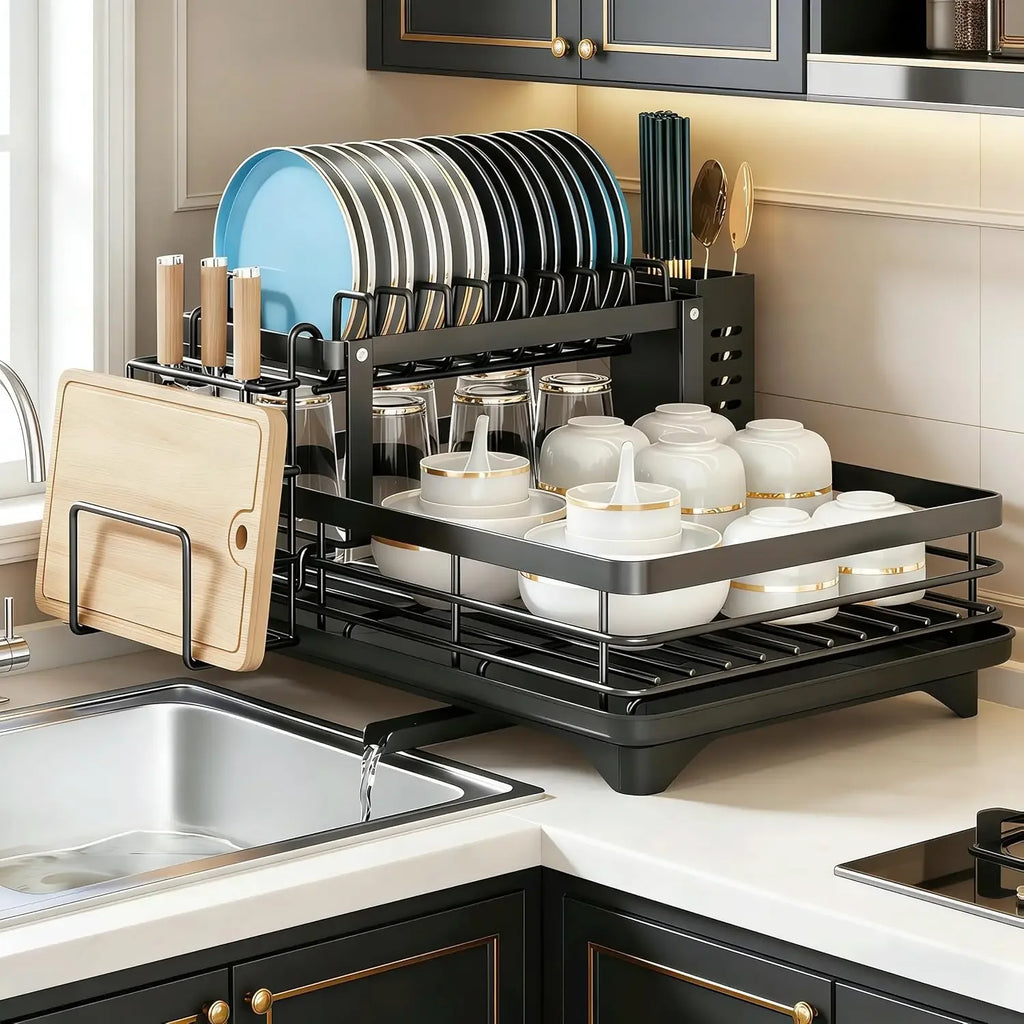 2-Tier Adjustable Kitchen Dish Drying Rack  360° Rotatable Drainage Tray Multi-Directional Spout Rust-Resistant Organizer