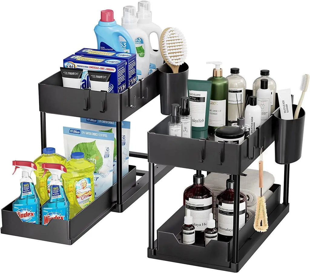 2Tier Multi-function Kitchen Sink Organizer,Sliding Cabinet Basket with Hooks Hanging Cup-New Bathroom Kitchen Space-Saving Rack