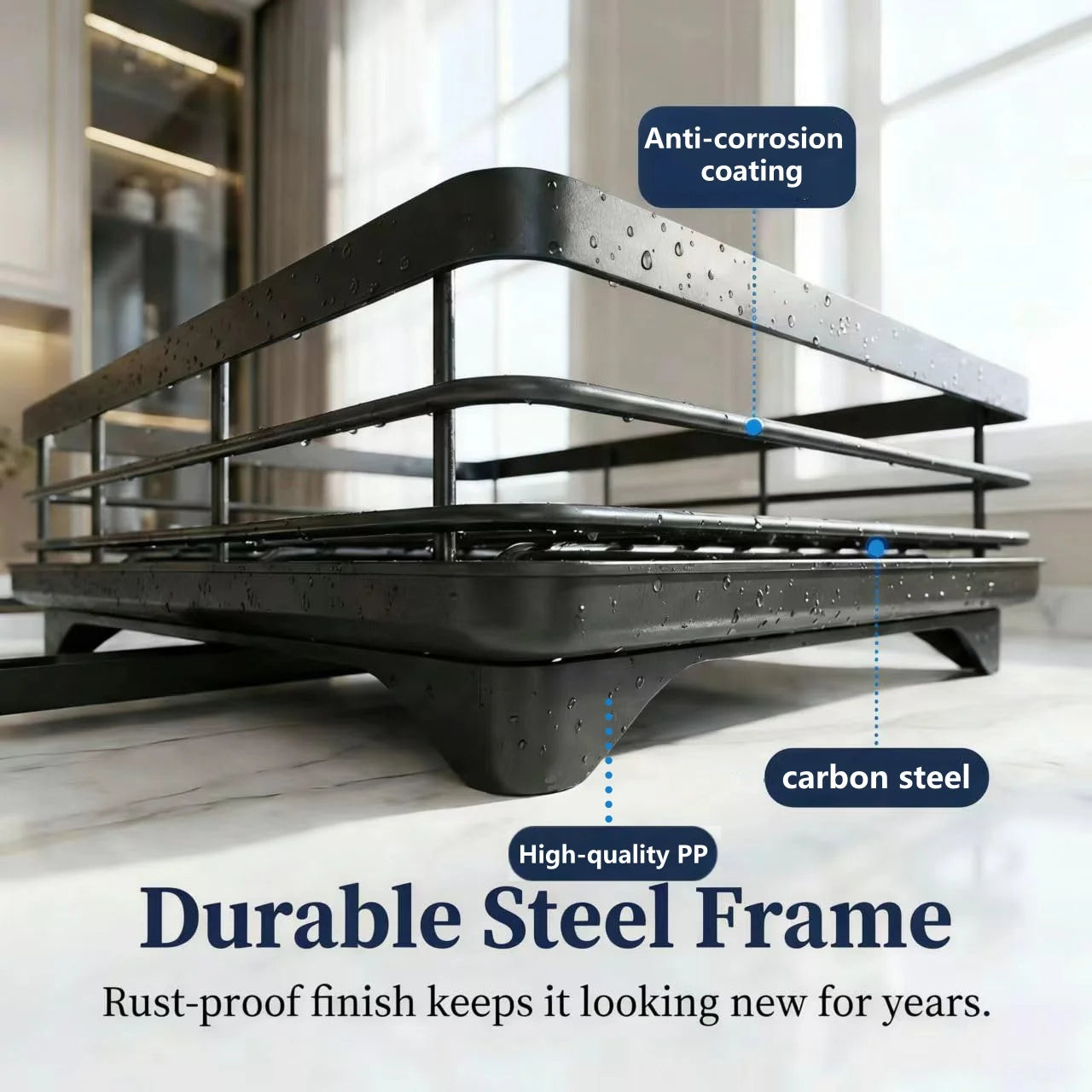 2-Tier Adjustable Kitchen Dish Drying Rack  360° Rotatable Drainage Tray Multi-Directional Spout Rust-Resistant Organizer