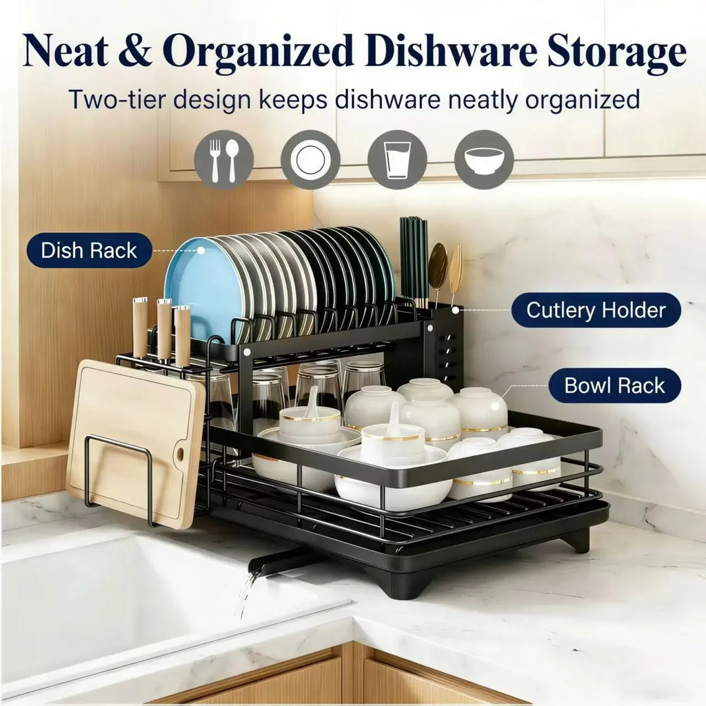 2-Tier Adjustable Kitchen Dish Drying Rack  360° Rotatable Drainage Tray Multi-Directional Spout Rust-Resistant Organizer