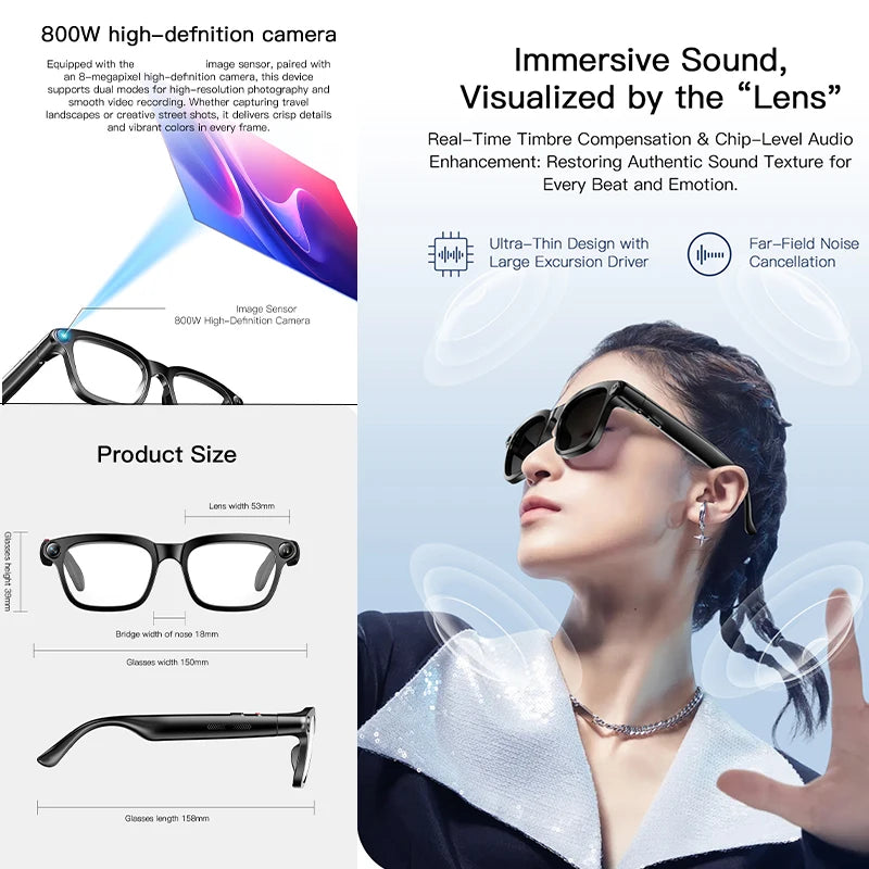 2026 Smart Glasses 800W HD Camera Video Recording Photo HD Audio AI Translation 300mAh Touch Control AI Assistant Smart Glasses