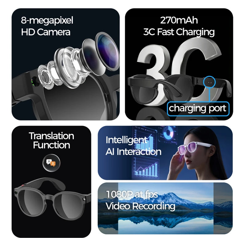 2026 New AI Smart Glasses AI Translation 8MP HD Camera 4K Shooting Image Bluetooth Call Recording Music Smart Sunglasses